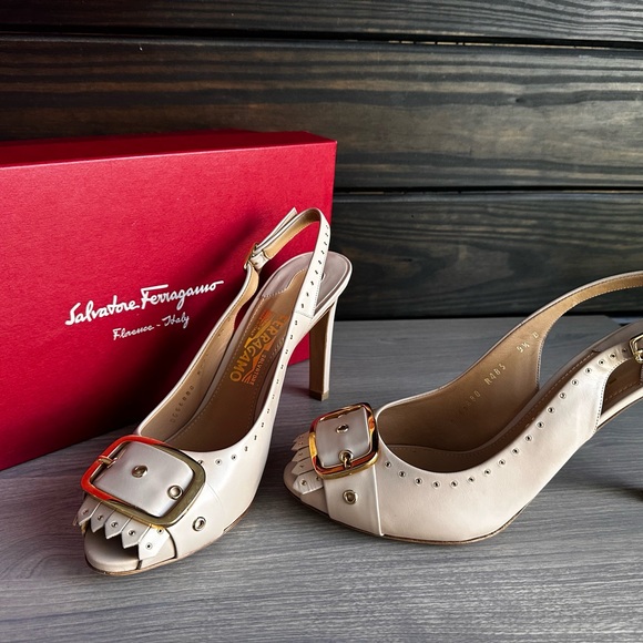 Salvatore Ferragamo Beige Buckle Slingback Heels